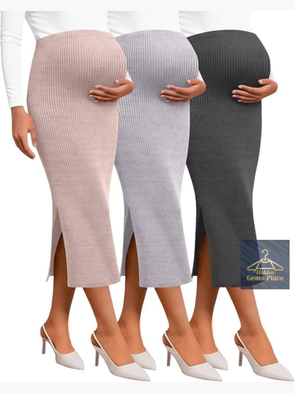 3 Pack Maternity Skirts, Split Midi High Waist Ribbed Knit Stretchy Pencil Long
